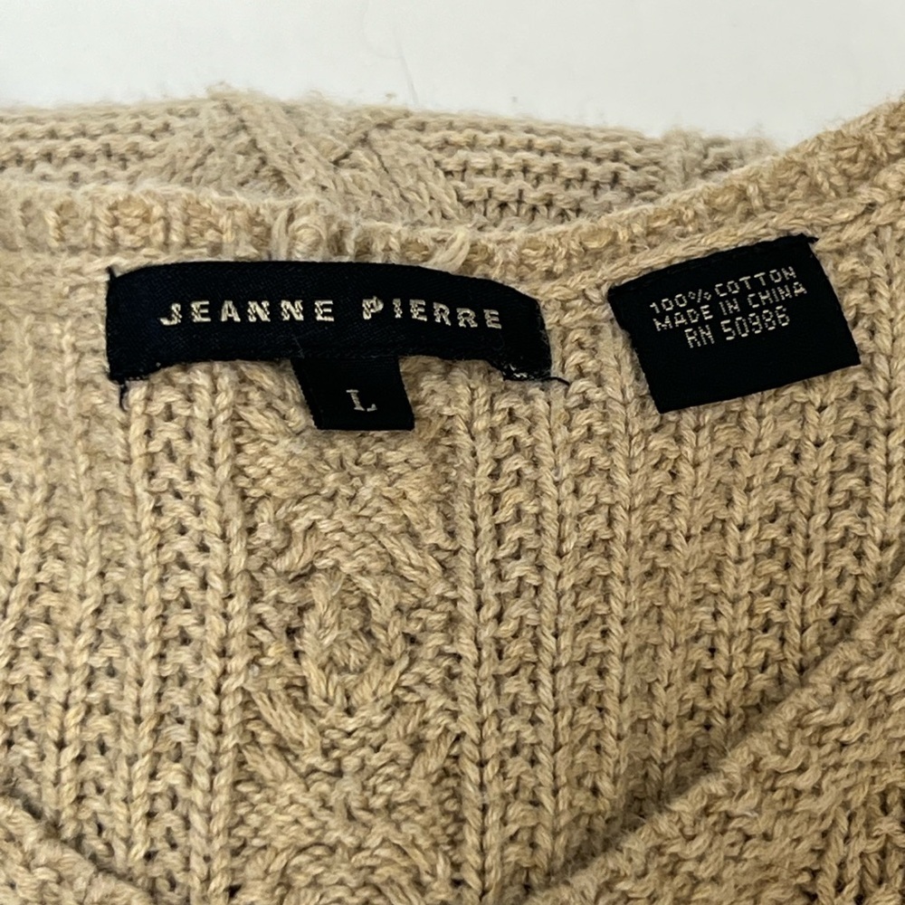 Jeanne Pierre Ecru Tan Long Sleeve Crew Neck Cable Knit Sweater Womens size L - Picture 5 of 5